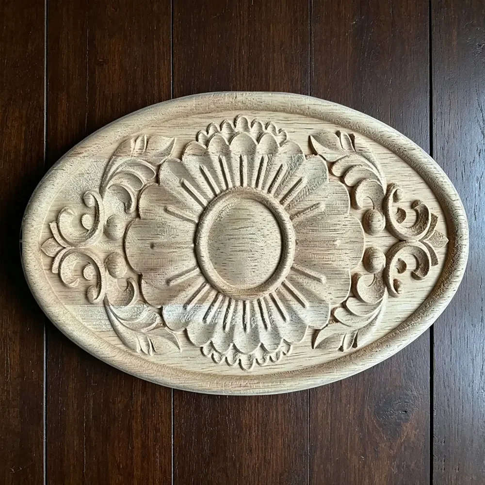 12-24cm Round Wood Carving Woodcarving Decal Carving Lines Wooden Applique Rose Rubber Home Decoration Accessories Cabinet