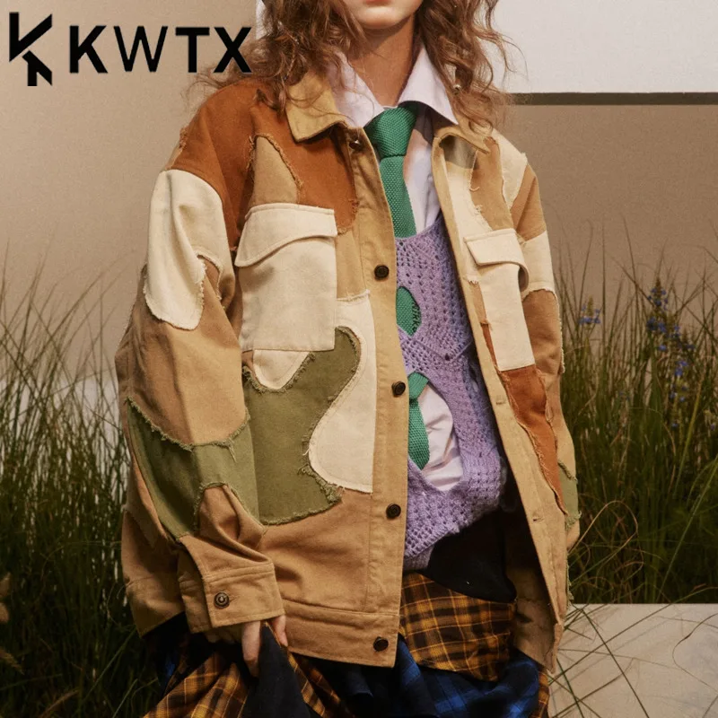 

KWTX Women's Color Block Asymmetric Oversized Streetwear Jacket Vintage Edgy Trendy High Quality Spring Summer Coat with Pocket