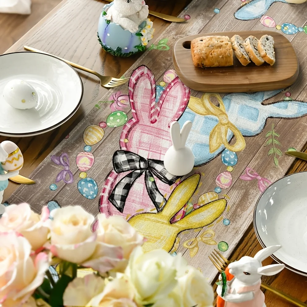 Wood Floral Bow Bunny Rabbits Eggs Easter Table Runner Seasonal Spring Kitchen Dining Table Decoration for Home Party