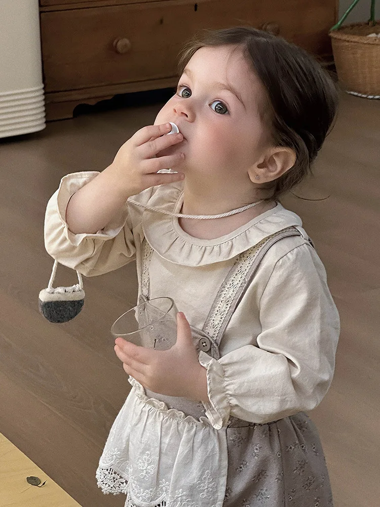 

Infant Toddler Set Autumn New Girls Long Sleeve Lace Collar Top Baby Girl Base Strap Pants Two-Piece Set aClass