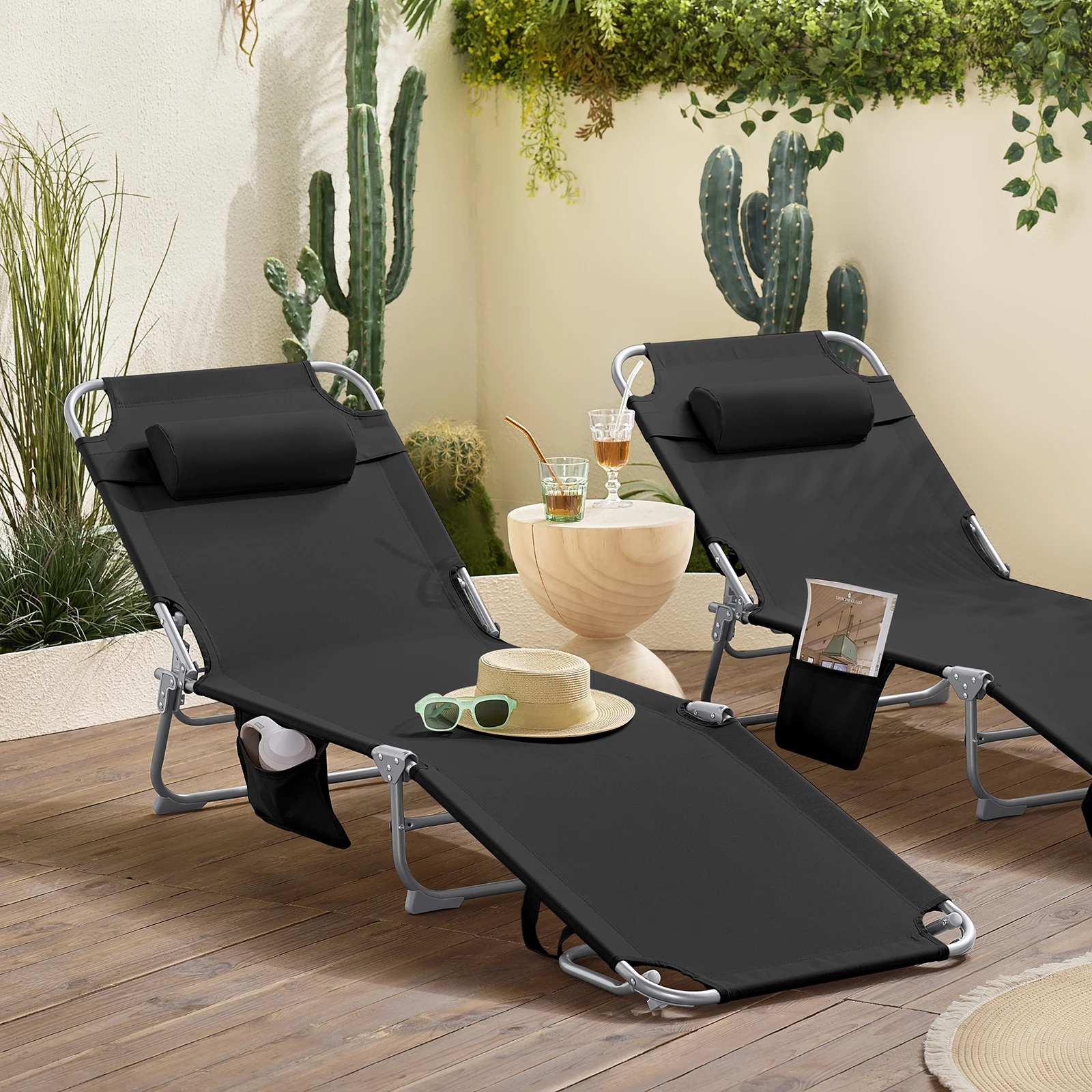 SoBuy OGS35 tumbona plegable para jardín, silla de terraza plegable con reposacabezas y bolsa lateral para muebles de jardín 155x56x81cm