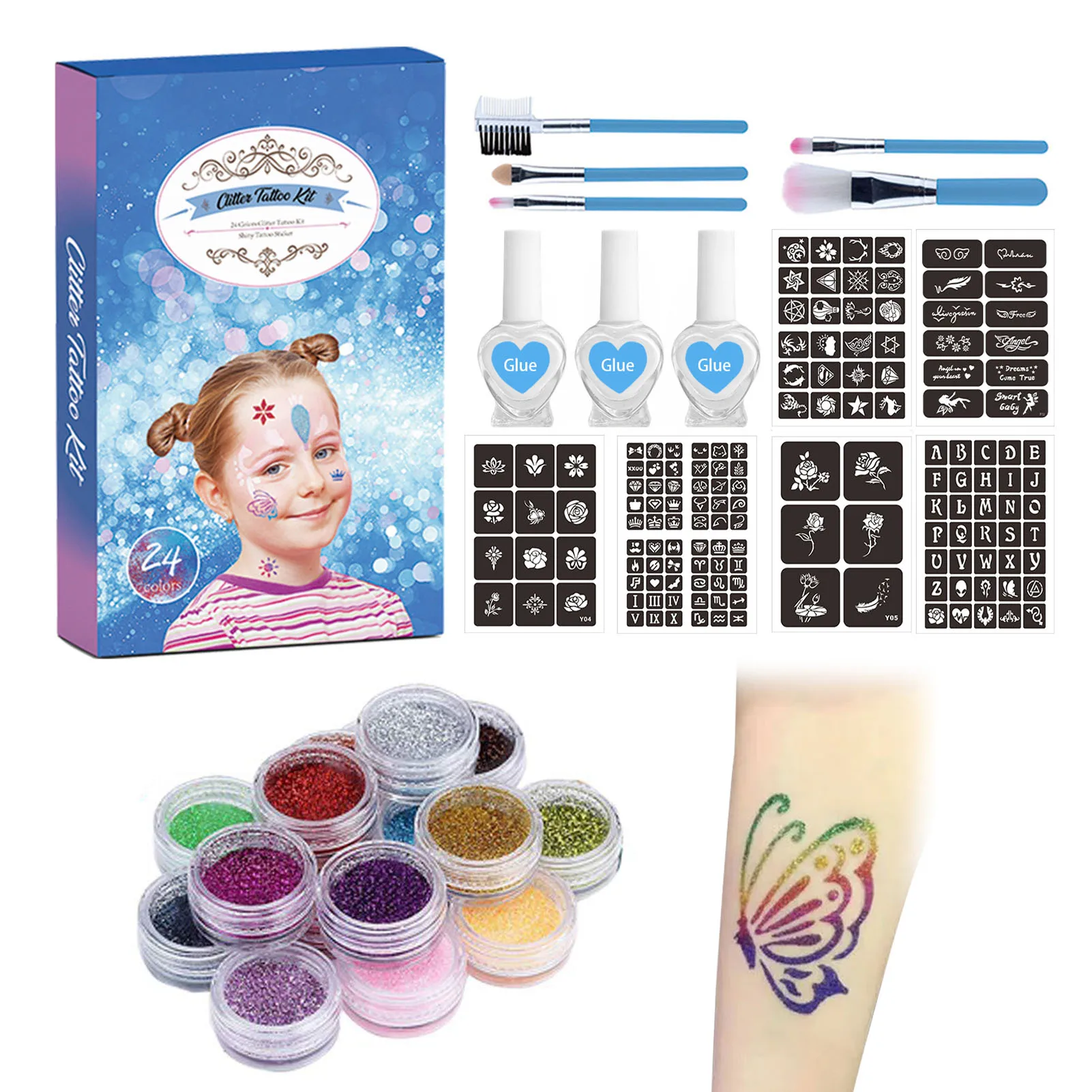 Colorful Diamond Glitter Temporary Tattoo Set Glitter Powder Makeup Brush Tattoo Glue Tattoo Party Face Body Art Kits For Kids