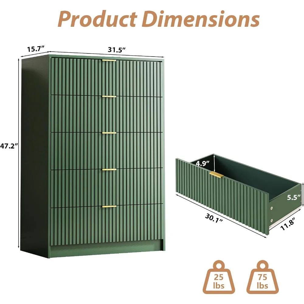 5 Drawer Dresser for Bedroom, Tall Chest of Drawers with Gold Handles, 32 Inch Wide, Green