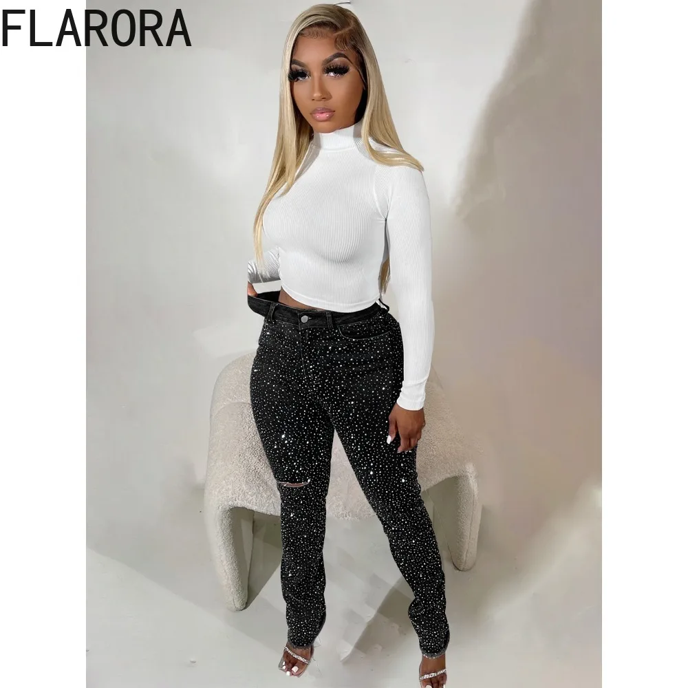 FLARORA ヴィンテージダイヤモンドデニムペンシルパンツ レディース ハイウエスト ホールポケット スキニー ジーンズ 2025 新作 Y2K ストリート 女性用 カウボーイパンツ