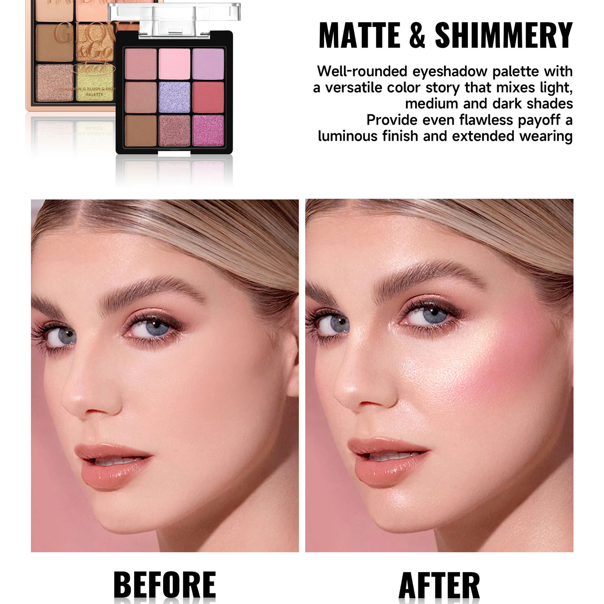Tavolozza di trucco a tre strati, ombretto, fard e palette combinate di evidenziatori, glitter fini opachi perlescenti