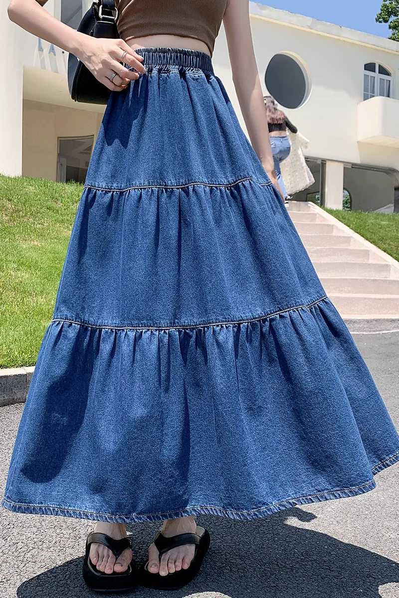 TIYIHAILEY Long Maxi Vintage A-Line Denim Skirt Women Deep Blue Jeans Plus Size S-6XL Big Hem Elastic Waist Skirts New Fashion