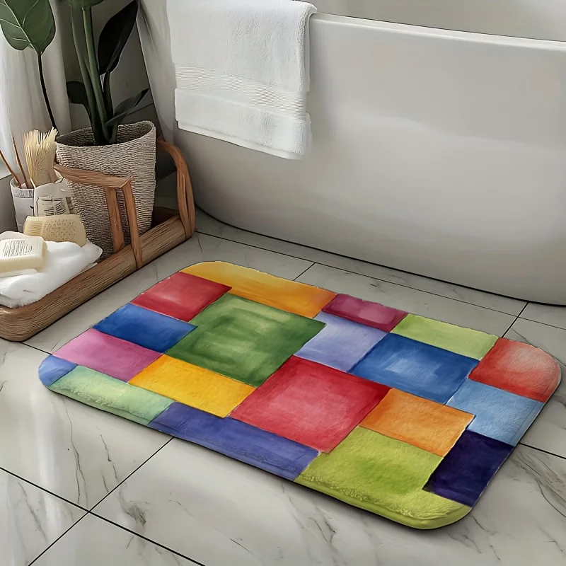Colorful Watercolor Squares Printed Flannel Bath Mat With Abstract Art Design Soft Non Slip Rug For Bathroom Or Home Decor