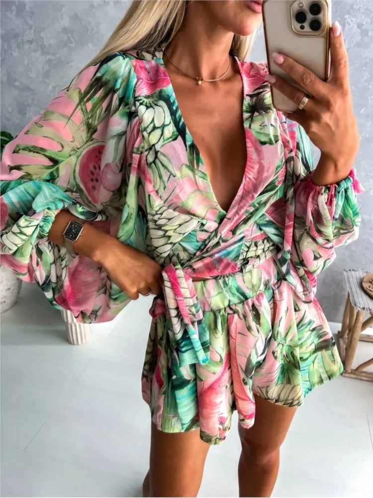 Spring Summer Boho Women Jumpsuit Fashion Deep V Neck Lantern Sleeve Casual Print Rompers Shorts Women\'s Elegant Jumpsuits New