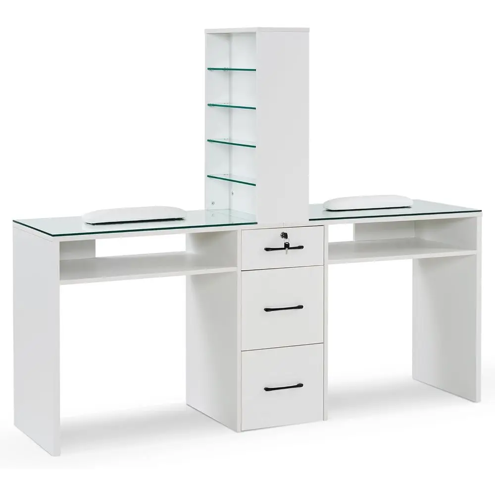 

Dual Functional Manicure Table with Glass Top, Storage and Makeup Station, White Spa Equipment with Drawers & Shelves