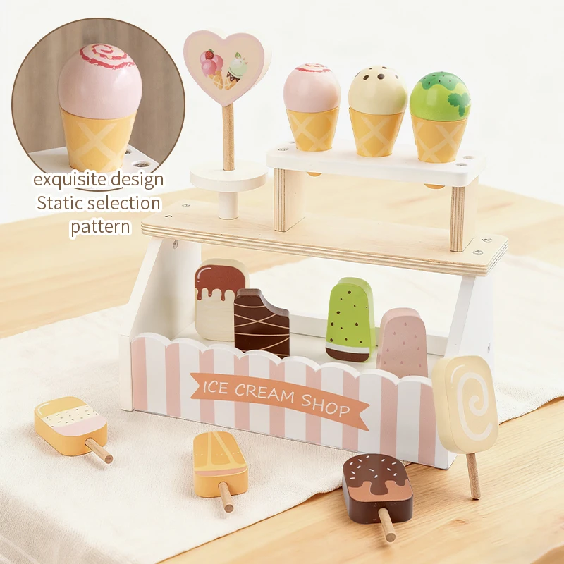 Drewniany zestaw zabawek - stojak na lody - zabawka do odgrywania ról w stylu duńskiego królestwa, odpowiednia do zabawy w sklep dla dzieci.