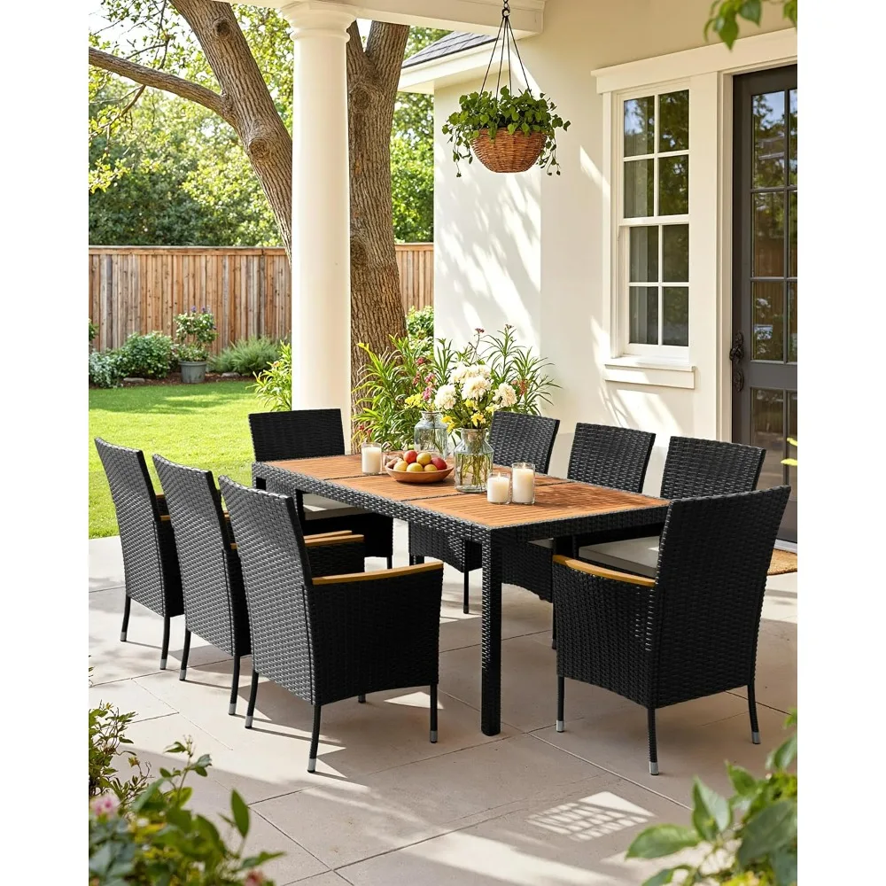 Flamaker 9 Piece Patio Dining Set Acacia Wood Table & Chairs Soft Cushions Wicker Outdoor Furniture for Deck Backyard Garden