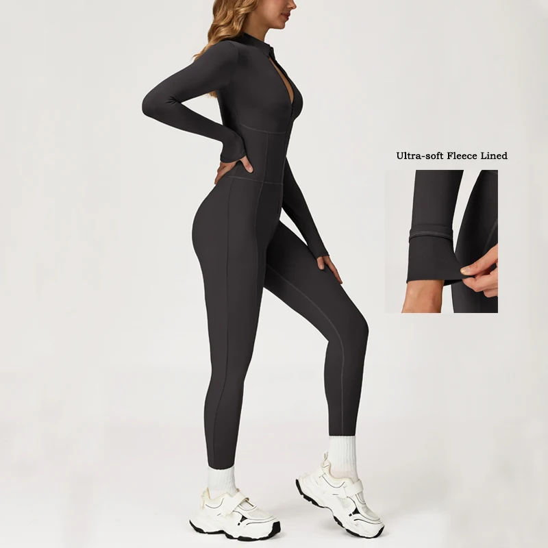 VITALINOVO Fleece Lined Long Sleeve Jumpsuits for Women Full Zipper Bodysuit Workout Full Length Bodycon Scrunch Leggings Onesis