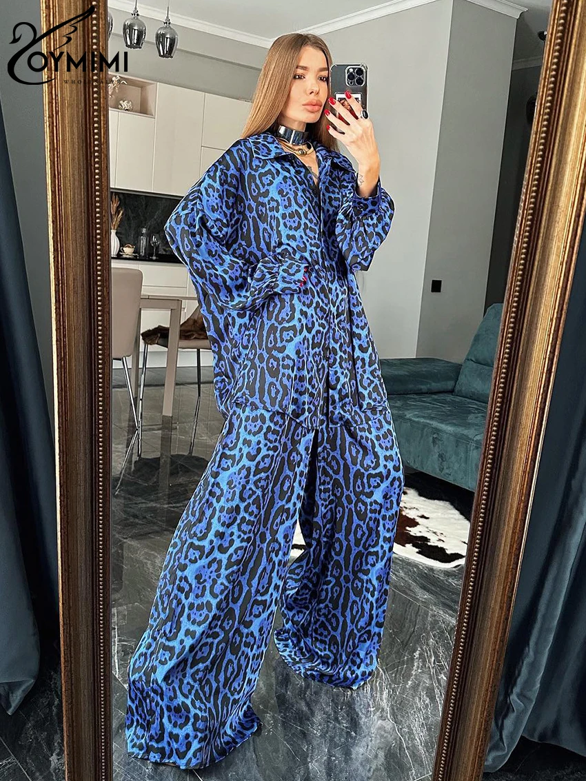 Oymimi Fashion Leopard Print 2 Piece Sets Women Outfit 2023 Elegant Long Sleeve Shirt With High Waist Wide Pants Set Streetwear