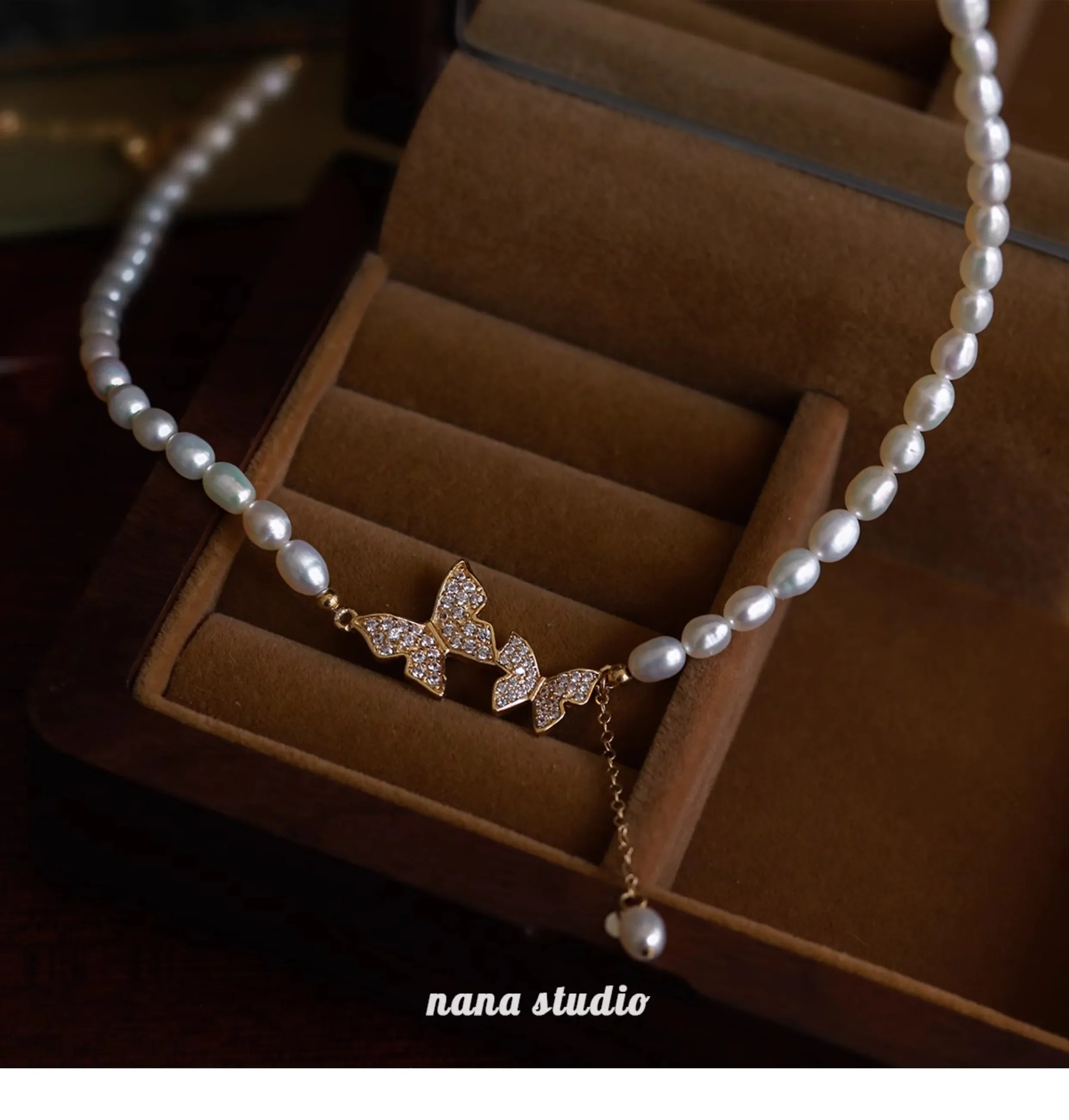 

Small rice grain pearl necklace women's butterfly pendant light luxury niche high sense