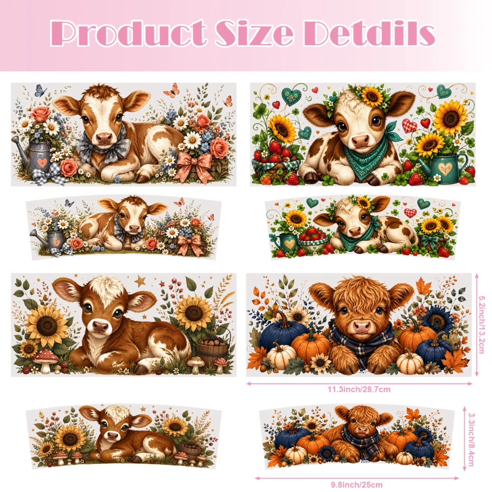 4 Sheets Calf Pumpkin Sunflower Floral Autumn Harvest Cute Animal Seasonal Decorative Tumbler Wrap UV DTF Stickers for 40oz