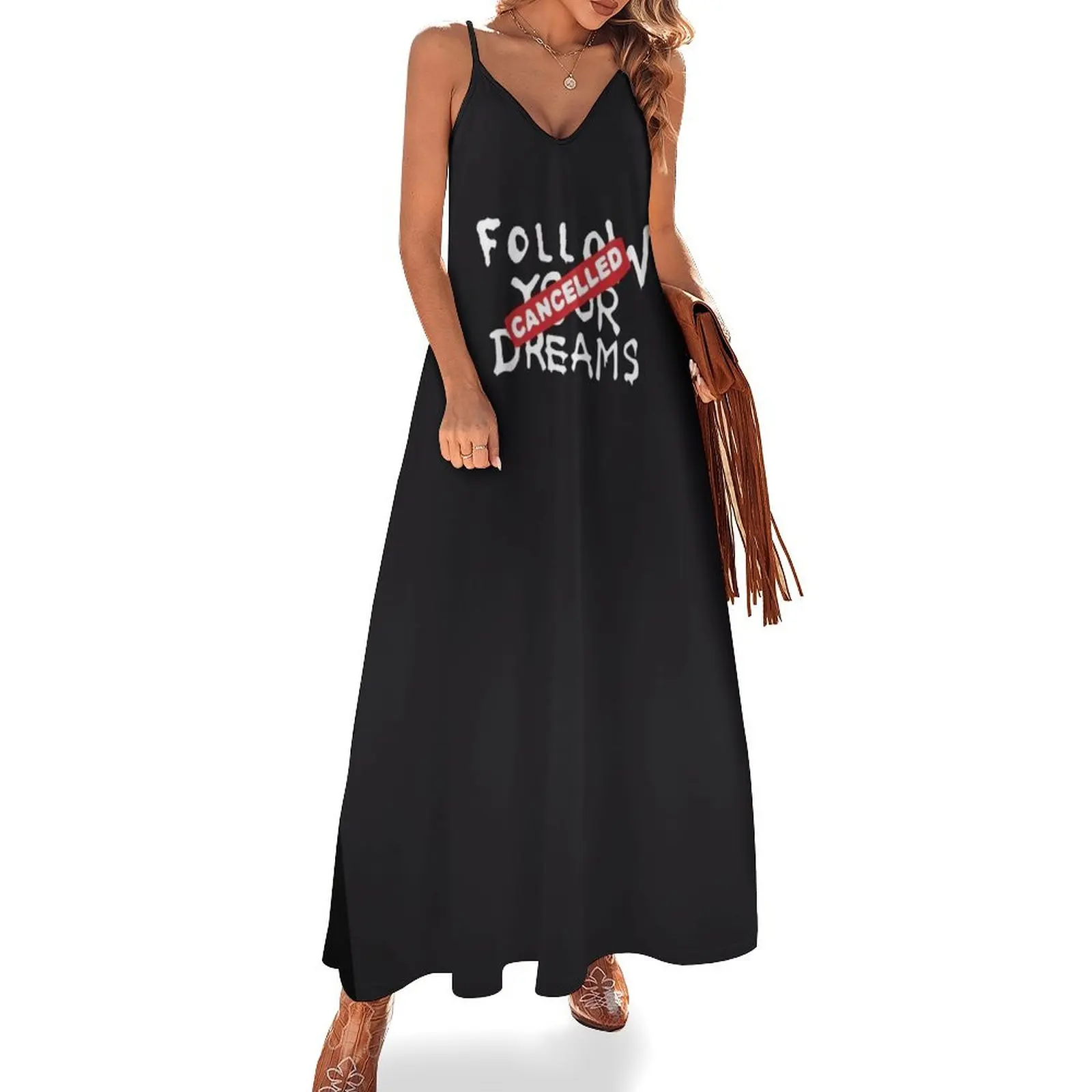 

Banksy Quote Follow your dreams CANCELLED cynical graffiti text only on black background HD HIGH QUALITY ONLINE Sleeveless Dress