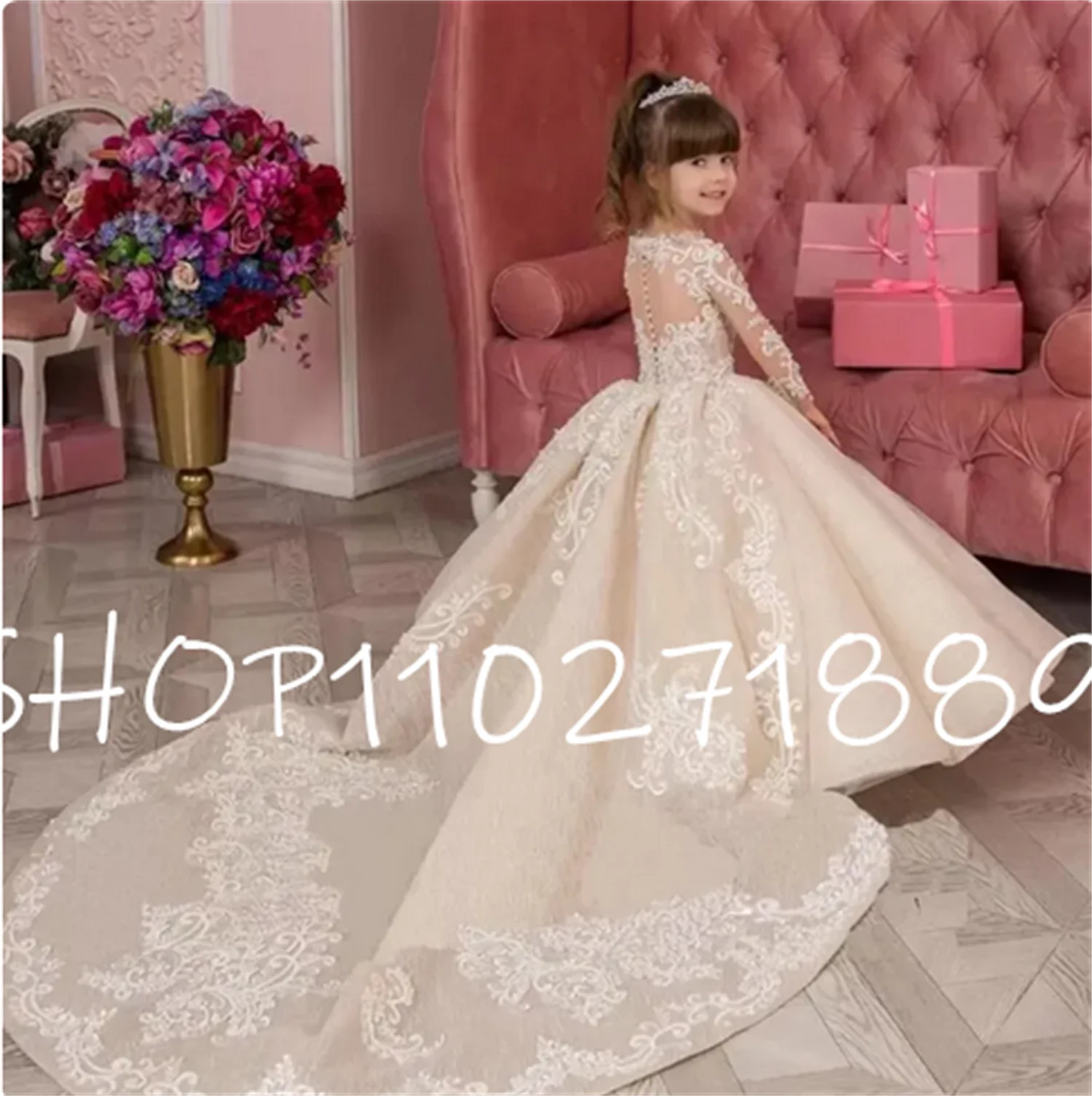 New Champagne Girls First Communion Dress Applique Lace Long Sleeve Ball Gown Elegant Flower Girl Dress Wedding Party