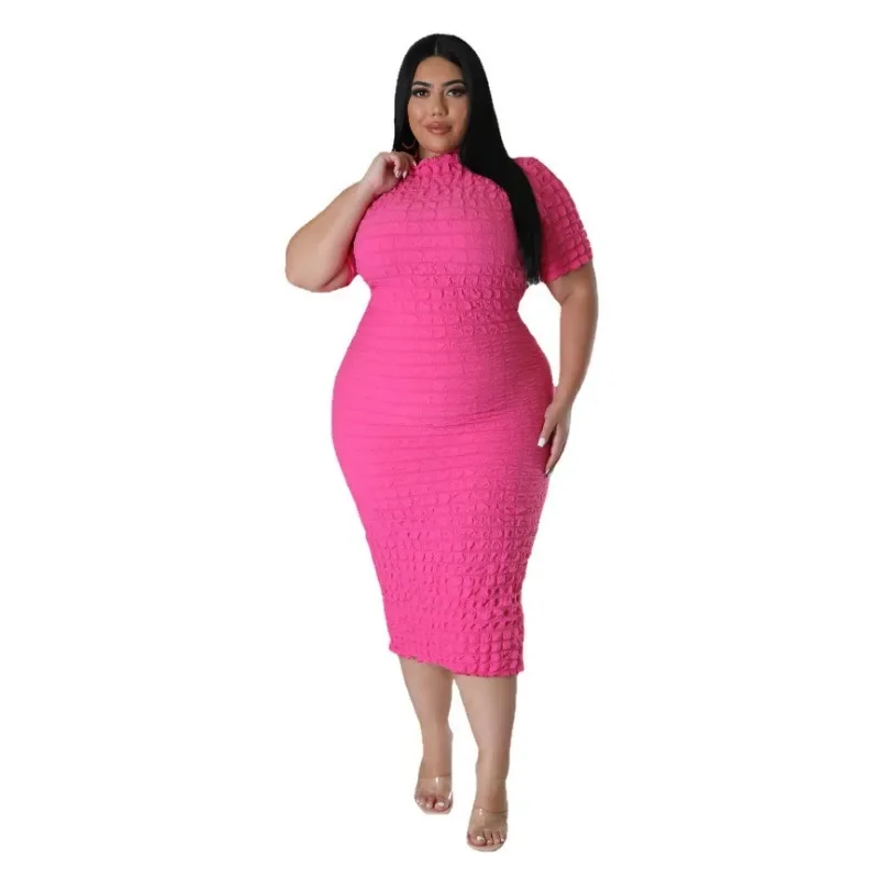 L-5XL Plus Size Women Clothing 2024 African Summer Solid Color Short Sleeve Bodycon Fat Casual Sexy Midi Dress Female Outfits