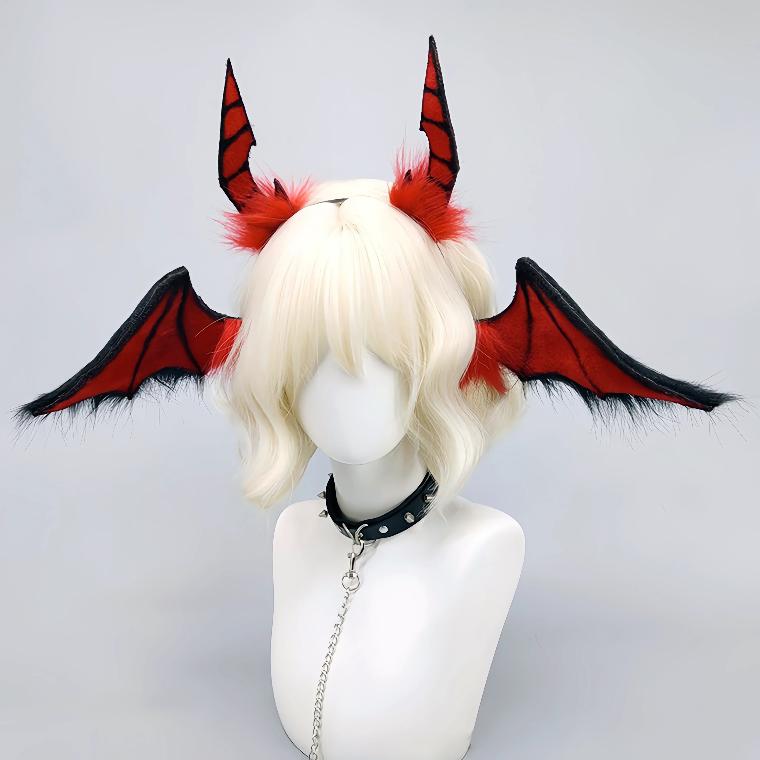 Handmade Red Furry Devil Bat Headband Halloween Animal Ears Furry Headwear Subculture Girl Night Party Hell CoolCosplay Props