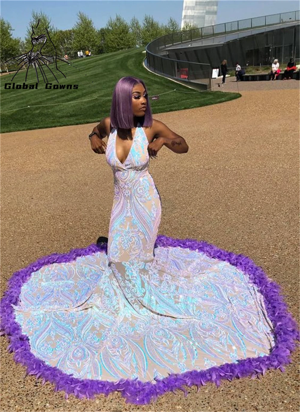 Abito da ballo lungo Halter colorato africano per ragazze nere 2022 abiti da festa di compleanno con paillettes piume viola Robe De Soirée Femme