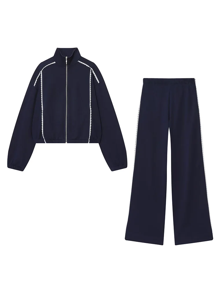 HH Women Long Sleeve Stand Collar Loose Hoodie+Autumn High-waisted Elastic Waist Wide-leg Pants Lace Decorate 2-Piece Set