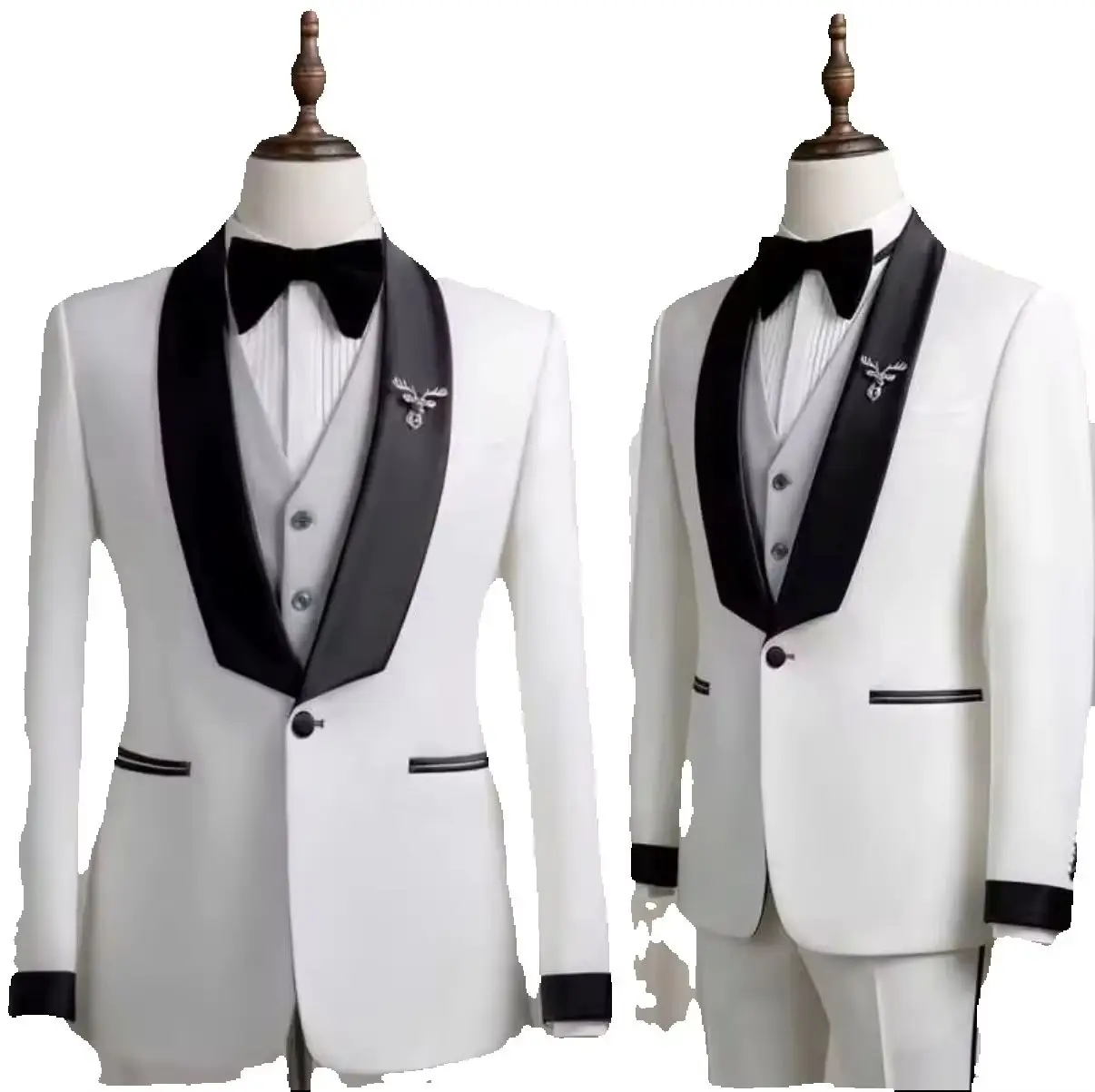Men White Tuxedo 3 Piece Set Suits Satin Lapel Cuff Pocket Blazer Vest Pants Business Formal Wedding Groom Outfit Customized