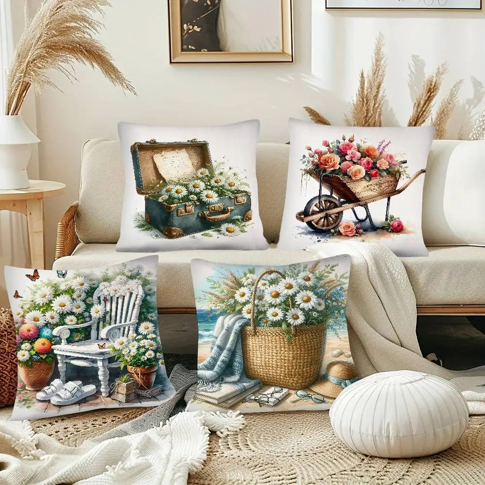 Country Flower Bicycle Pattern Pillow Case Fashion Square Pillowcase Bedroom Sofa Room Ins Decoration Leisure