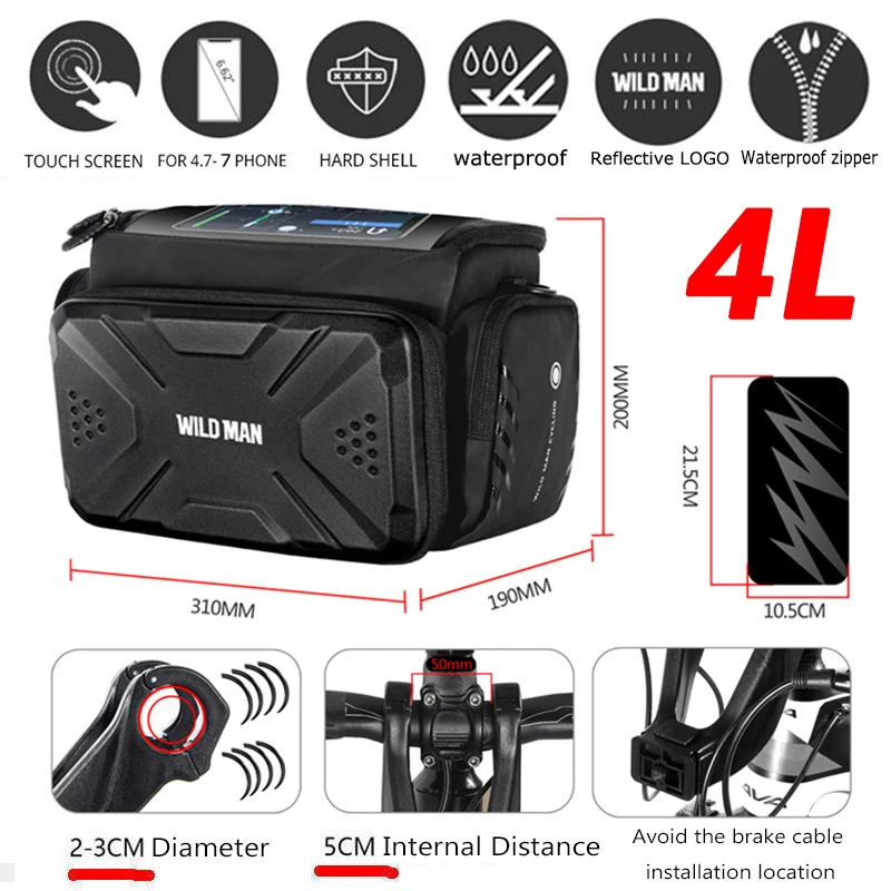 Wild Man Rainproof Bicycle Front Bag Cycling Bag Touch Screen Mountain Bike Handlebar Bag Basket Pannier Storage Capacity 4L