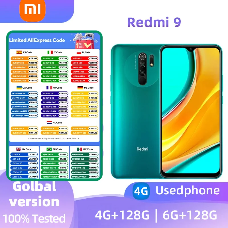 Xiaomi Redmi 9 4G Android 6.53 inch RAM 4GB ROM 128GB MediaTek Helio G80 Used phone