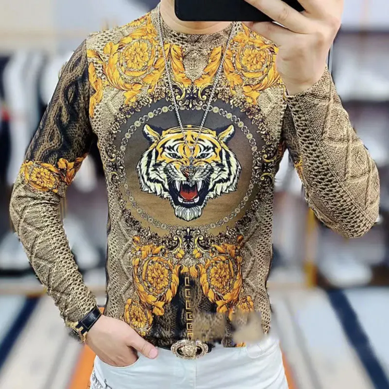 Fall Tiger Head Print Tee Shirt Homme Baroque Printing Men Tshirt Summer Korean Tide Tshirt Camiseta Slim Fit Tshirt For Men