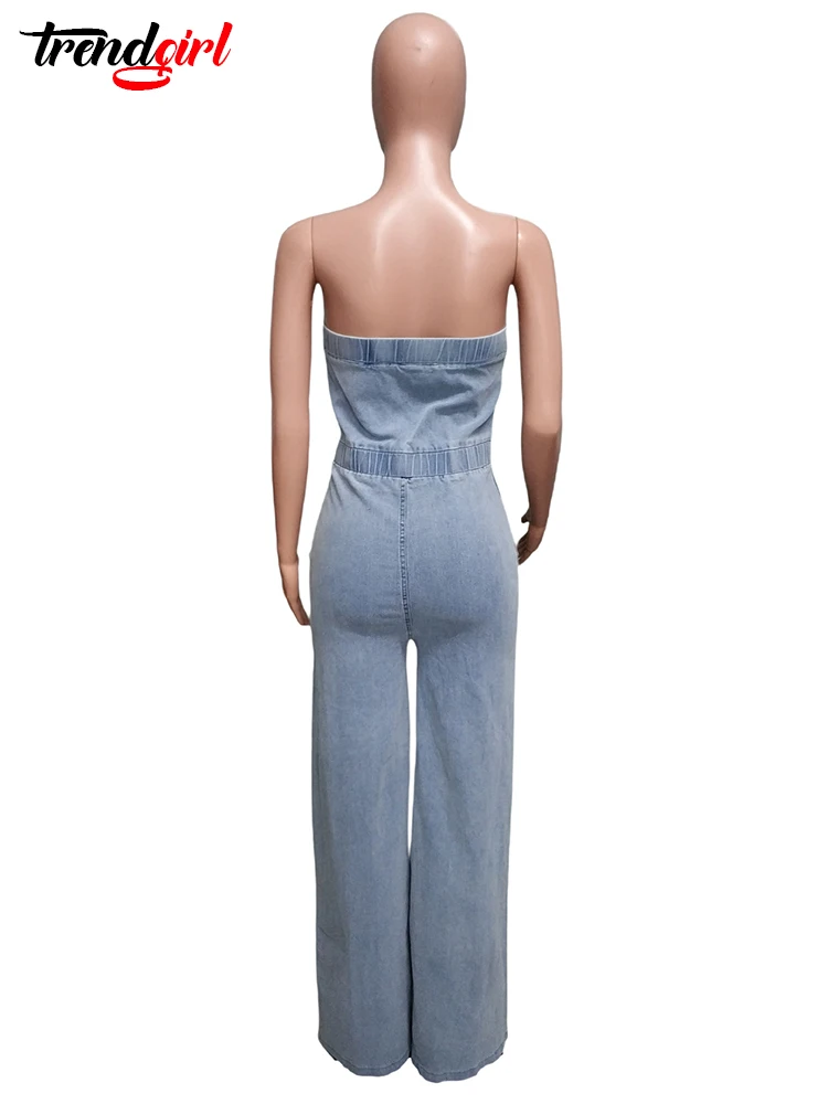 Mlaiscsr Off Shoulder Tube Top Backless Denim Jumpsuits Women Blue Single Breasted Wide Leg One Pieces Romper Jean Overalls