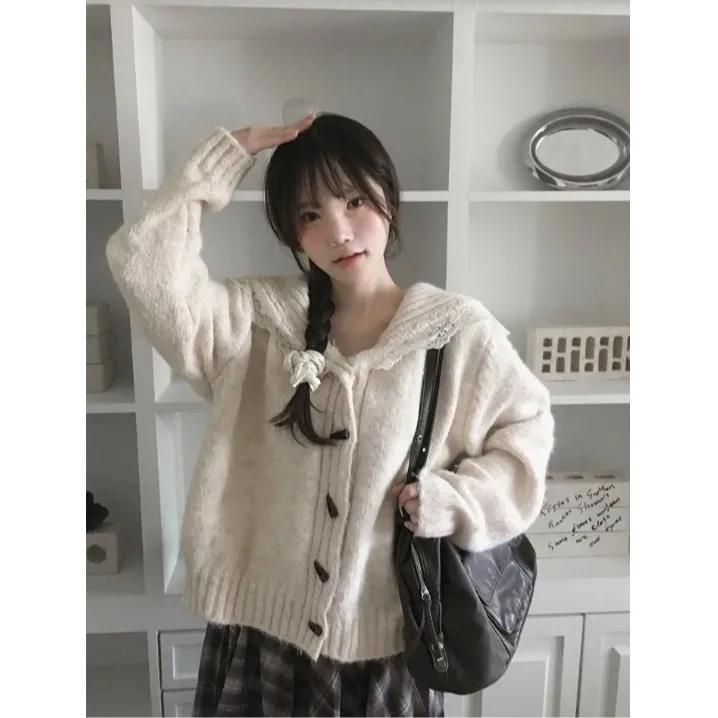 Suéter Cárdigan Abierto con Capucha y Ribete de Encaje para Mujer, Estilo Nuevo de Otoño Invierno, Color Puro, Botones, Ajust...