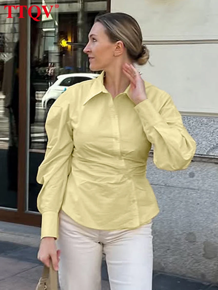 

TTQV Fashion Slim Yellow Cotton Women's Shirt 2026 Spring Lapel Long Sleeve Blouse Elegant Classic Solid Top Female Clothing