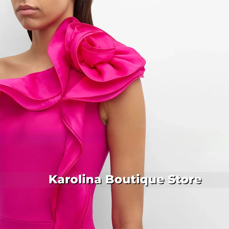 Sukienki wieczorowe w kolorze intensywnego różu, z jednym ramieniem, z kwiatowymi falbanami, syrenie suknie wieczorowe dla kobiet 2025, bez rękawów, z rozcięciem z boku, formalna suknia na przyjęcie.