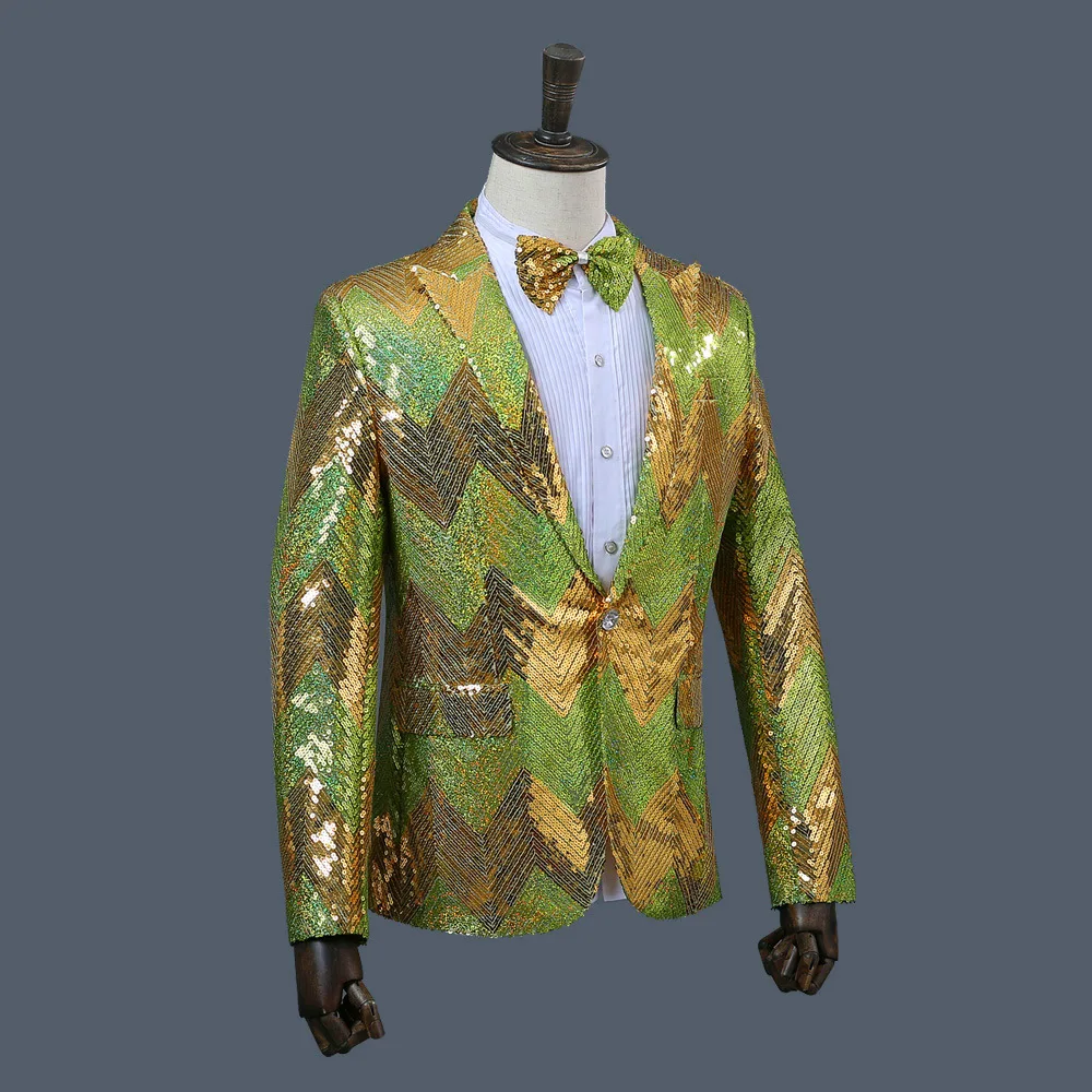 

Men's suit jacket gradient sequins performance clothes singer stage long-sleeved blouse annual performance suit send bow tie