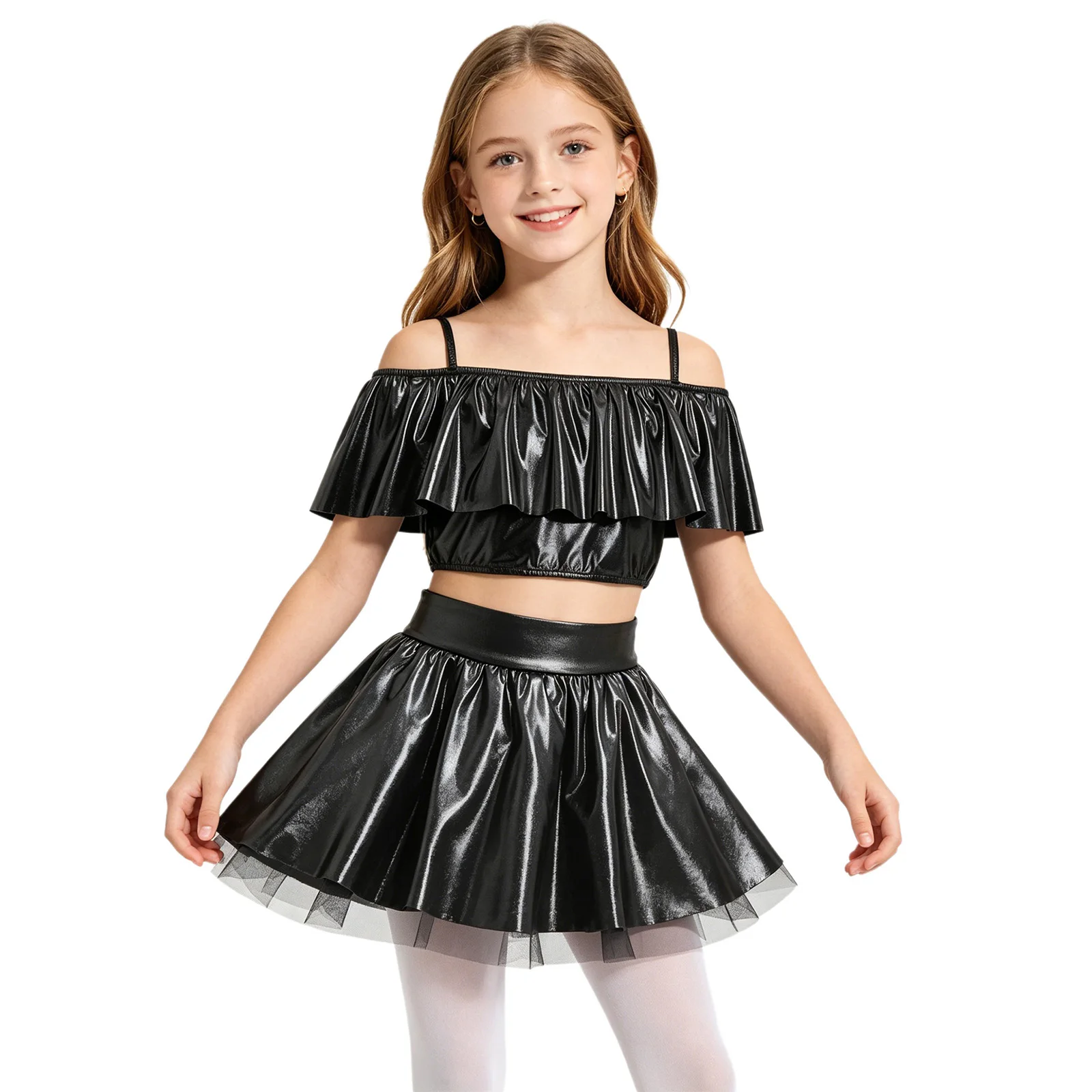 Girls Metallic Jazz Hip Hop Cheerleading Dance Outfit Off Shoulder Spaghetti Straps Ruffles Crop Top with Skirt for School Show