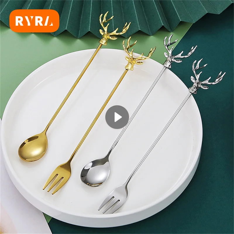 Stainless Steel Milu Deer Coffee Cake Spoon Fork Dessert Spoons Stirring Teaspoon Ice Cream Spoon Fruit Fork Kitchen Supplies