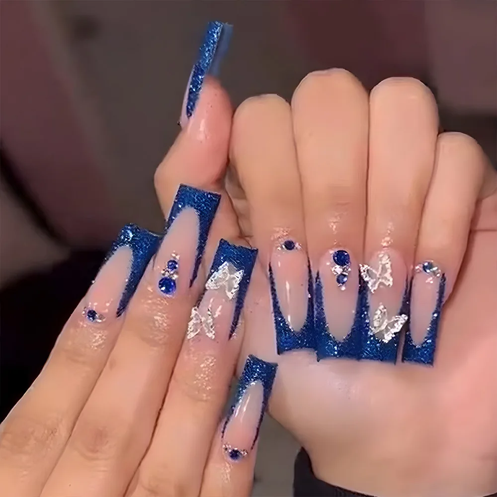 

24Pcs Mid-length Ballet False Nails Blue Shiny Powder French Fake Nails Tips 3D Butterfly Rhinestone Wearable Press on Nails Art