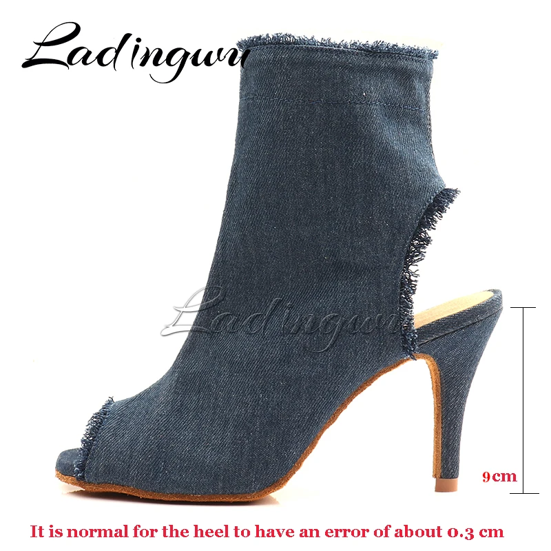 Ladingwu 2022 New Dance Shoes Denim Classic Blue Latin Samba Cha Cha Dance Shoes Heel Cutout Design Fashion Dance Boots