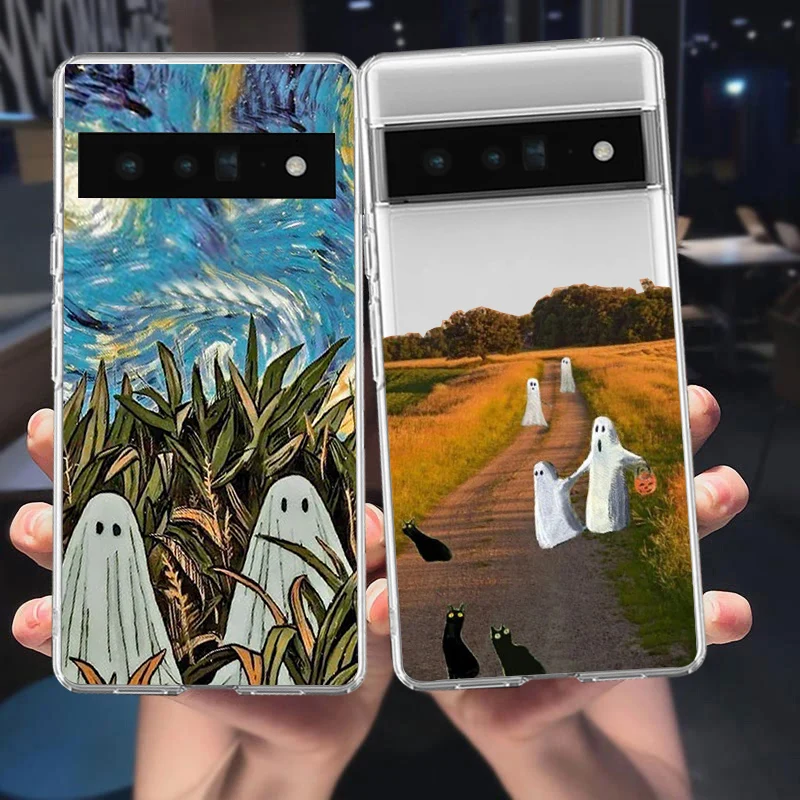 Cute Cartoon Ghost Phone Case For Google Pixel 8A 8 Pro 6 6A 5G 7Pro 7A Scenery Hand Painted Transparent Soft TPU Cover Fundas