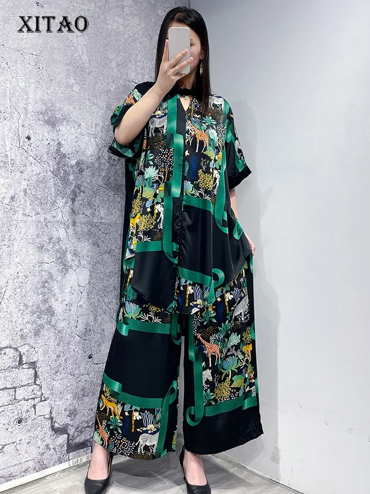 

XITAO Print Fashion Two Piece Set Women Personality Appear Thin 2025 Summer New Arrival Turn-down Collar Two Piece Set WLD11384