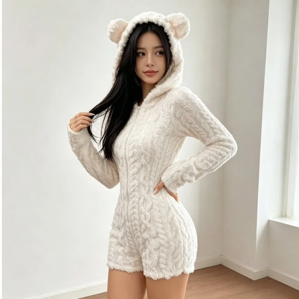 Cozy Hooded Jumpsuit Romper Nightwear Bear Ear Long Sleeve Plush Romper Pajamas Warm Bow Loungewear Bodysuit Women Female Lady