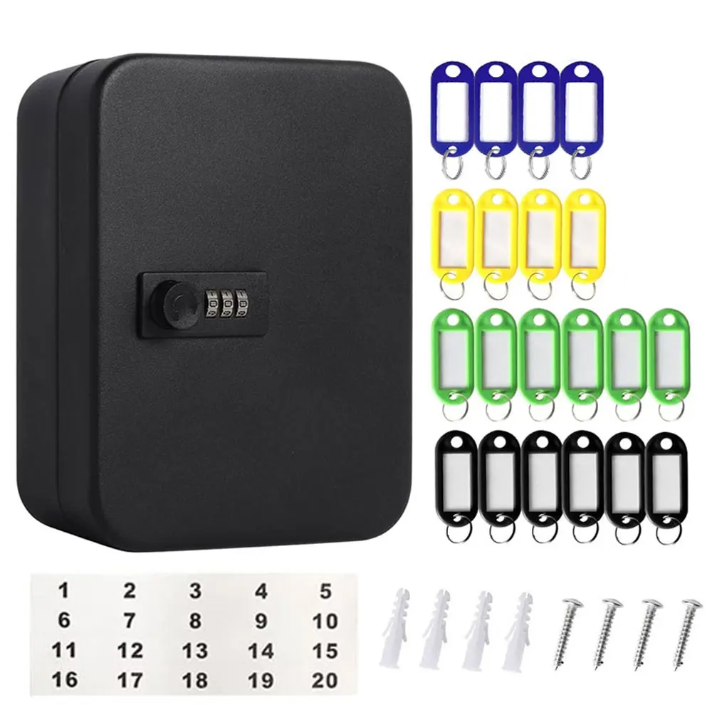 Black Security Key Case with a 3-Digit Combination Lock, 20 Hooks, Wall-Mounted Key Cabinet Lock Case, Dimensions 20×16×7.5cm