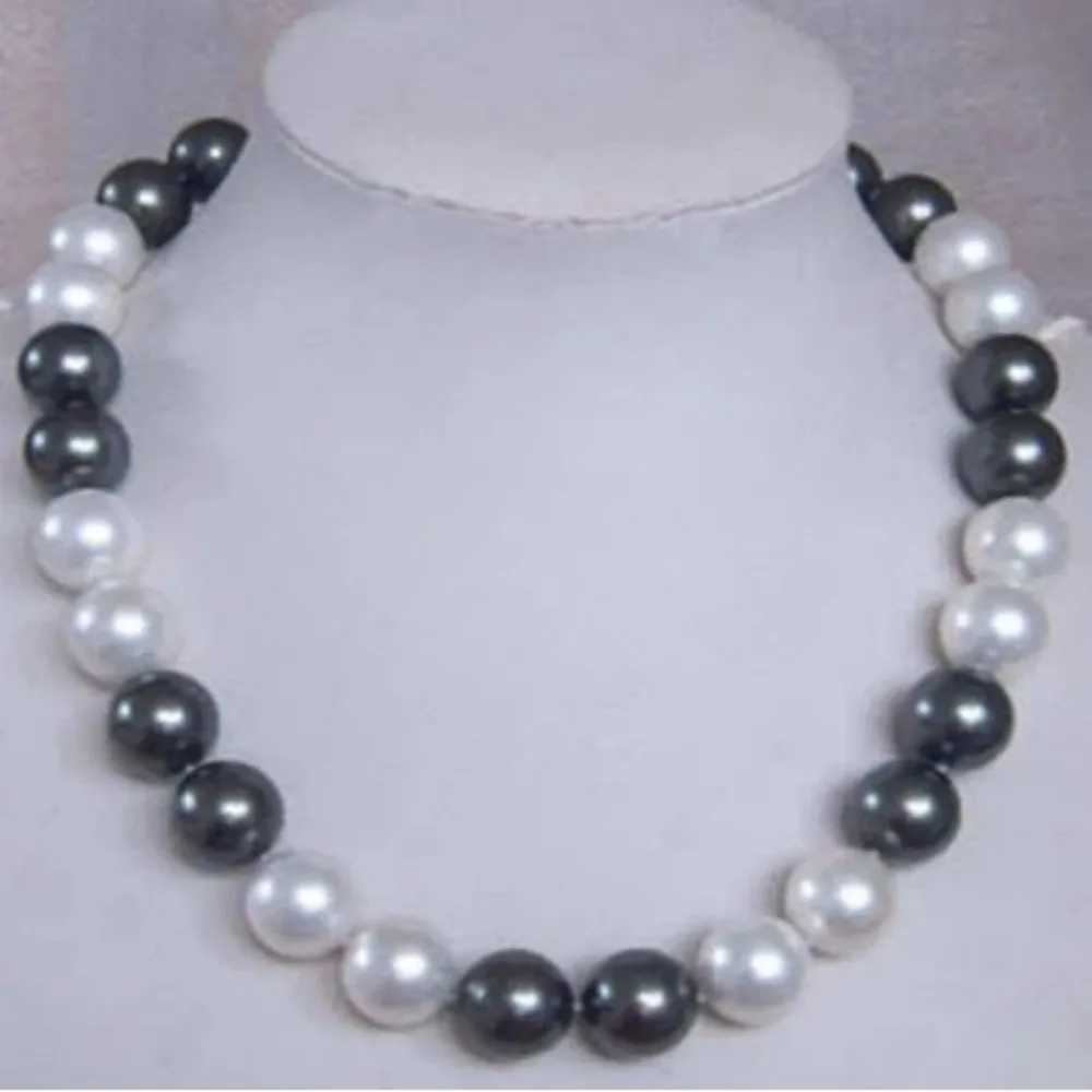 Hand knotted necklace natural 12mm black white shell pearl sweater chain round pearl 18inch