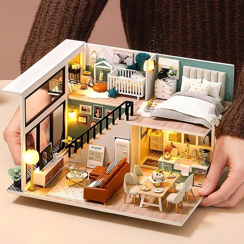 Wooden Mini Doll House DIY Handmade Duplex Apartment Production 3D Puzzle Assembly Building Duplex Apartment Model Toys Gifts