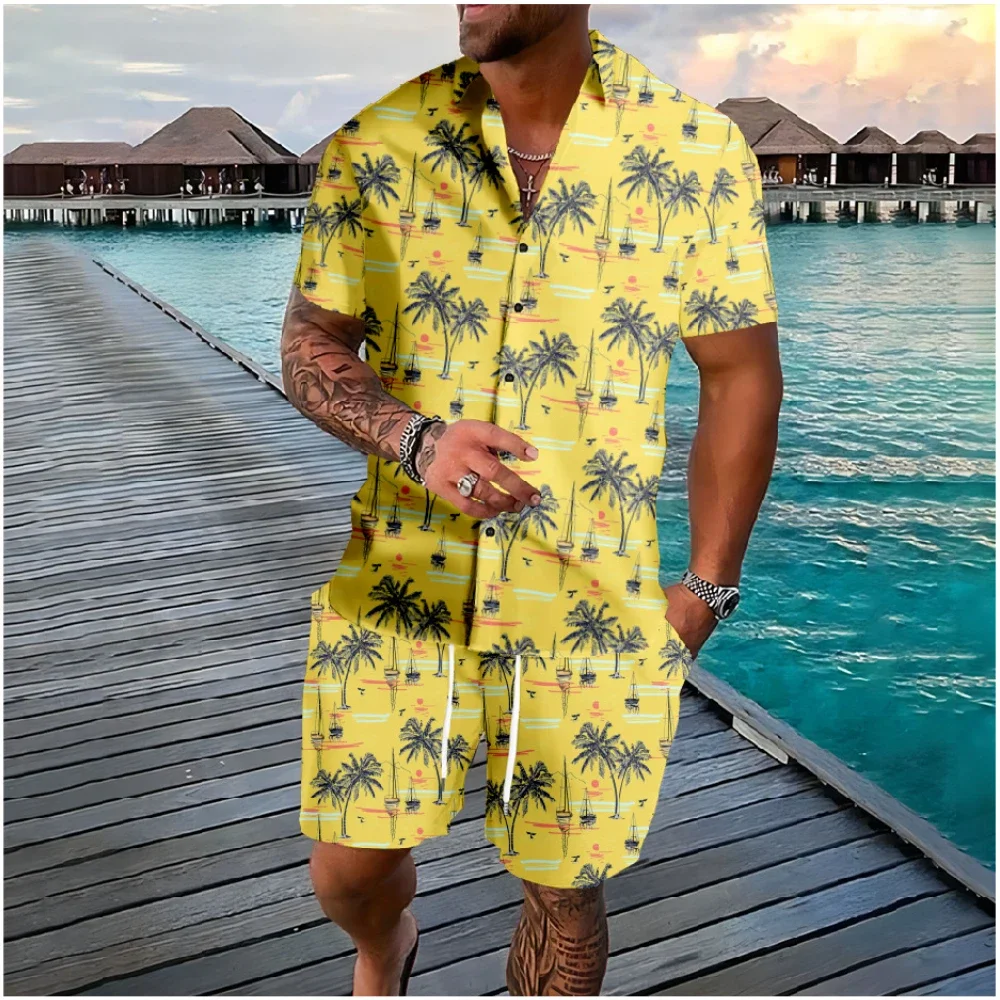 Hawaiiaanse palmboom kokospalm bloemen knop trainingspakken shirts shorts kleuren bloemen sets streetwear casual strand herenkleding