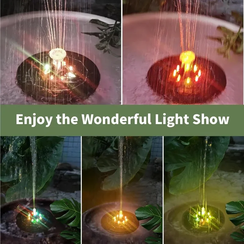 Solar Dreh brunnen Farbe 7 LED Licht Solar brunnen 3w 6 Düse Wasserpumpe im Freien Vogel Bad Garten schwimmende DIY Zisterne