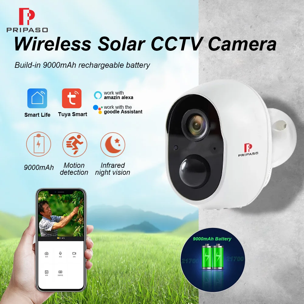 

Wireless CCTV Camera Tuya Outdoor 9000mAh Battery Cam 2MP Motion Detect Rechargeable Security Camera support Alexa Smart Life