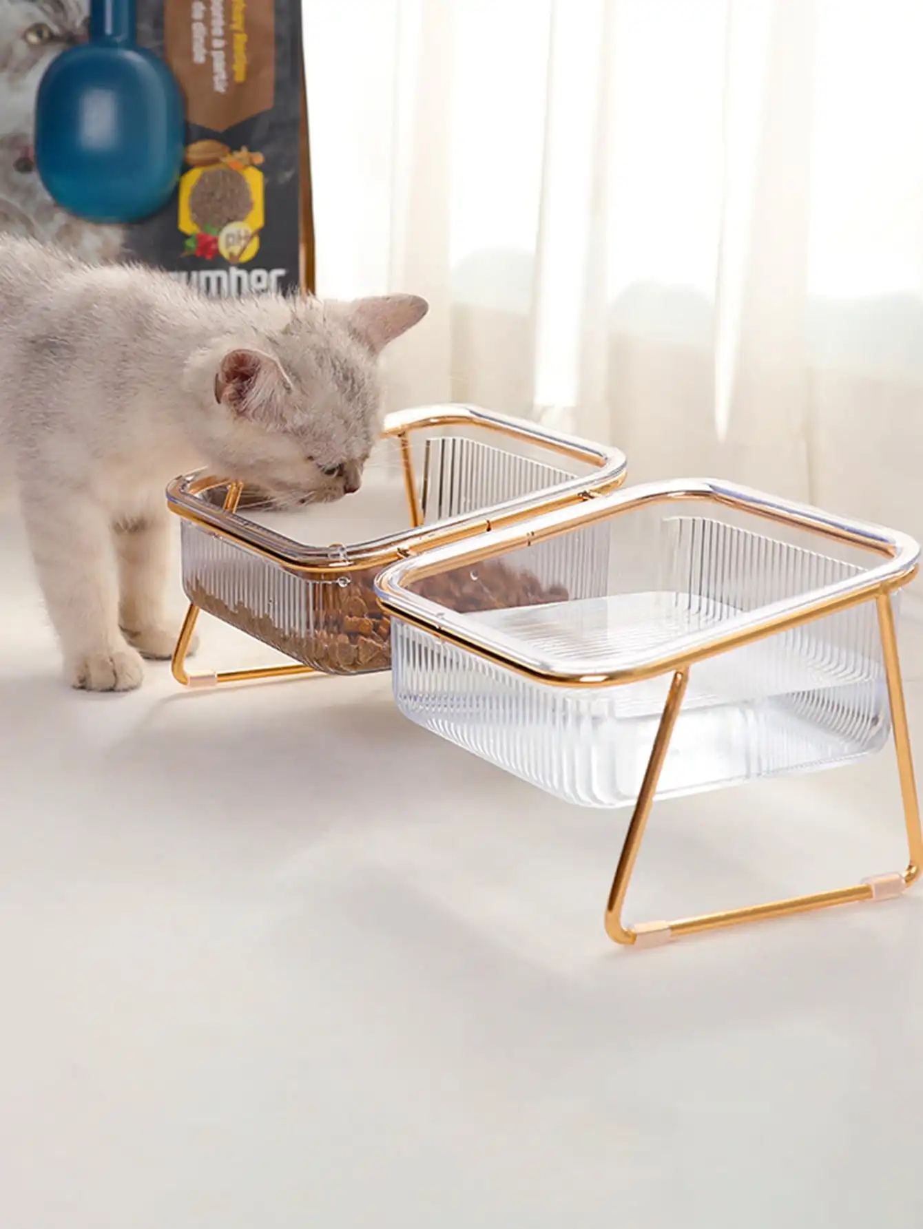 Cat bowl transparent high-foot cat bowl slanting neck protection drink cat food bowl dog easy to clean iron double bowl