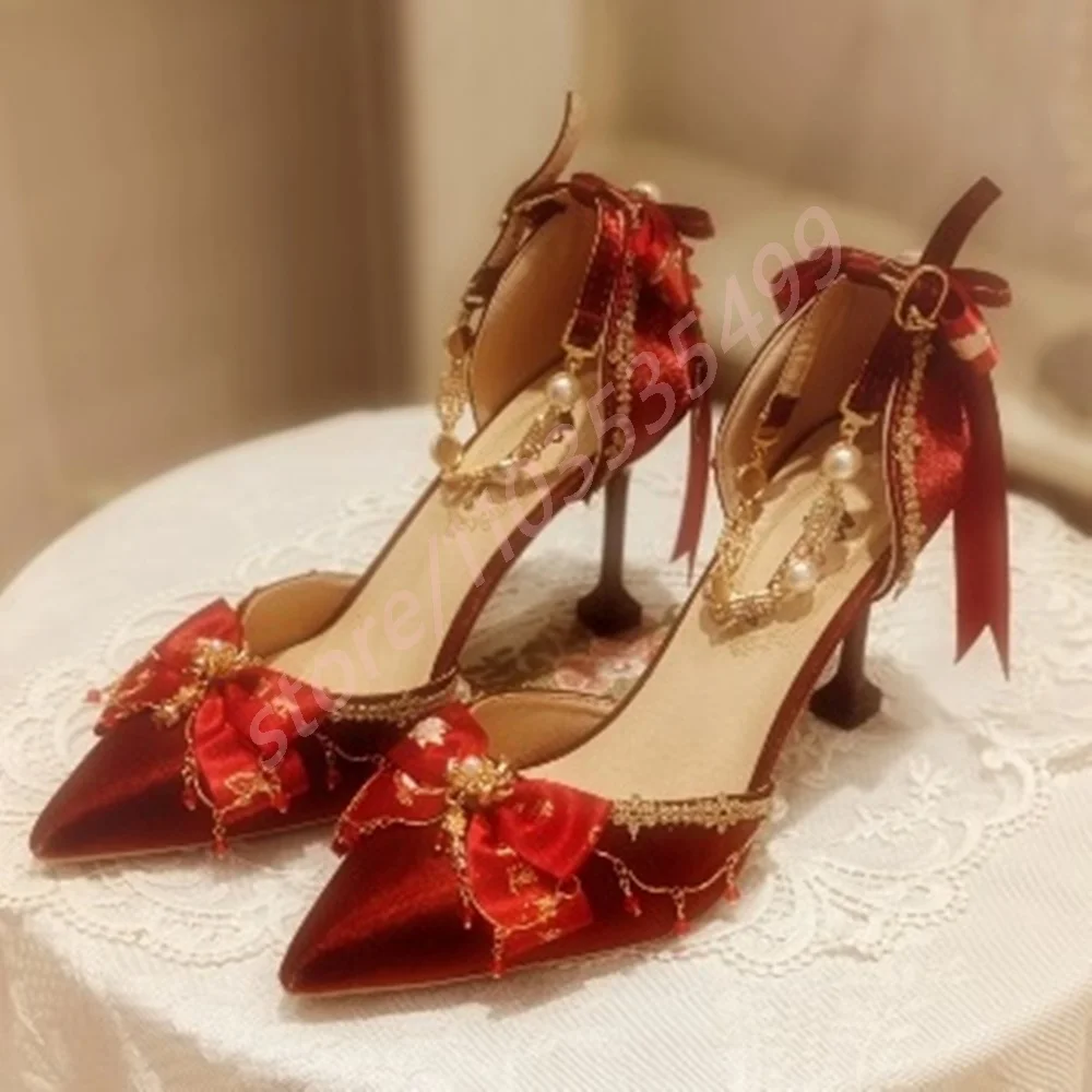 

Роскошные свадебные туфли с острым бантом и цепочкой, новинка 2025 года, элегантные женские туфли-лодочки в стиле Лолиты на шпильке с жемчугом и стразами 5 см/8 см